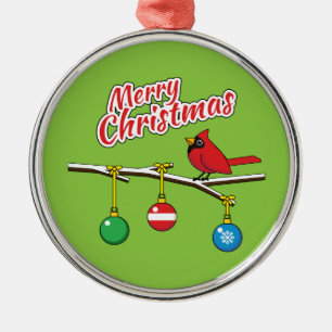 Red Cardinal on Christmas Bare Branch - Merry Xmas Metal Ornament