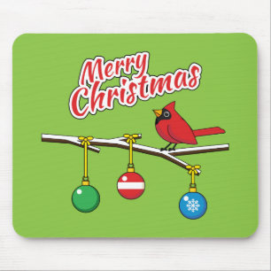 Red Cardinal on Christmas Bare Branch - Merry Xmas Mouse Pad