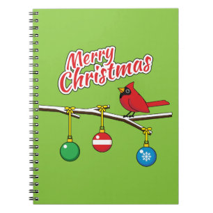 Red Cardinal on Christmas Bare Branch - Merry Xmas Notebook