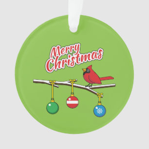 Red Cardinal on Christmas Bare Branch - Merry Xmas Ornament