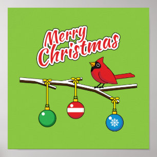Red Cardinal on Christmas Bare Branch - Merry Xmas Poster