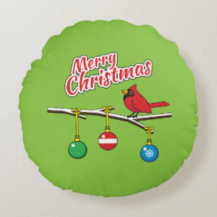 Red Cardinal on Christmas Bare Branch - Merry Xmas Round Cushion