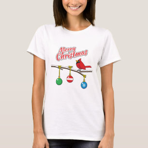 Red Cardinal on Christmas Bare Branch - Merry Xmas T-Shirt