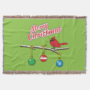 Red Cardinal on Christmas Bare Branch - Merry Xmas Throw Blanket