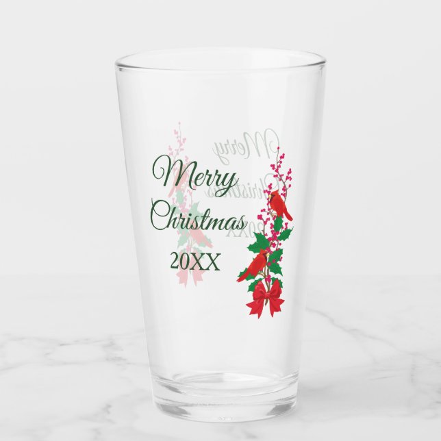 Red Cardinal on Holly Christmas Glass (Front)