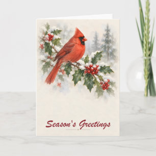 Red Cardinal on Holly Season's Greetings Folded Card