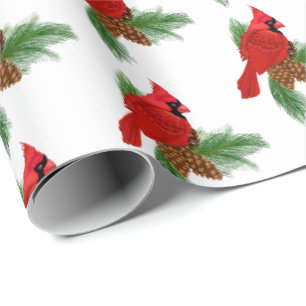 red cardinal on pine wrapping paper