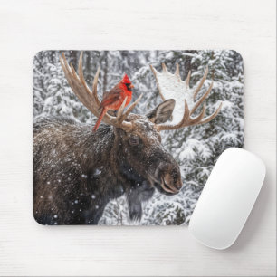 Red Cardinal On Snowy Moose Antlers Mouse Pad