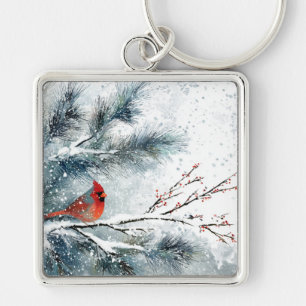 Red Cardinal on Snowy Pine Branch Key Ring