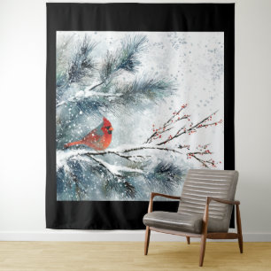 Red Cardinal on Snowy Pine Branch Tapestry