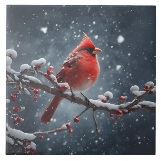 Red Cardinal on Tree Branch in Snow Ceramic Tile