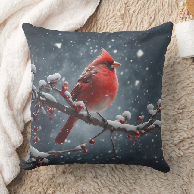 Red Cardinal on Tree Branch in Snow Cushion (Blanket)