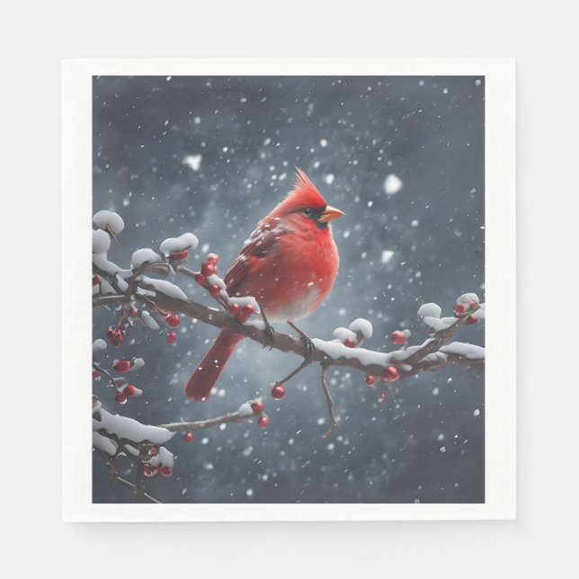 Red Cardinal on Tree Branch in Snow Napkin (Front)