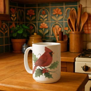 Red Cardinal On Winter Holly & Mistletoe Coffee Mug