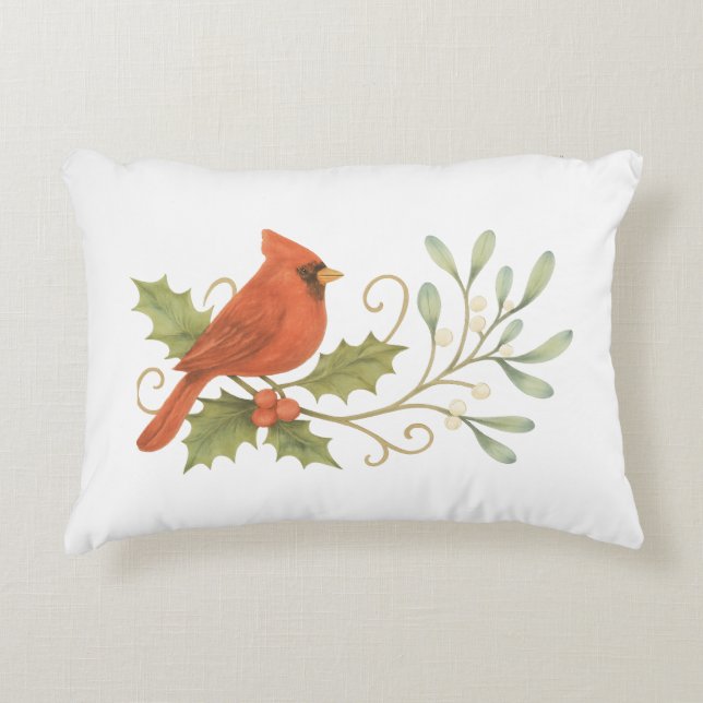 Red Cardinal On Winter Holly & Mistletoe Decorative Cushion (Front)