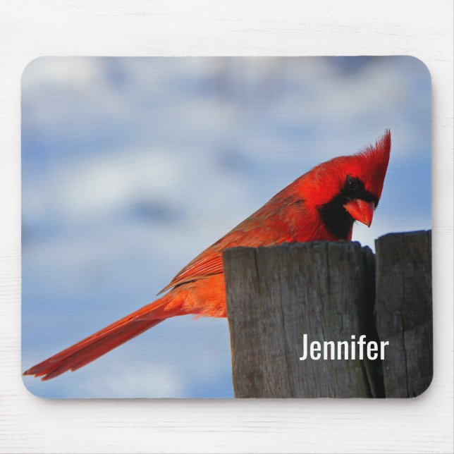 Red Cardinal on Wooden Stump Personalised Mouse Pad (Front)