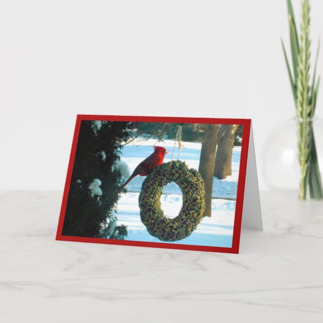 Red Cardinal on Wreath Holiday Card  (Front)
