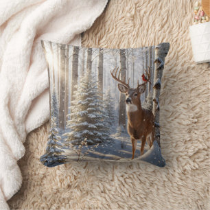 Red Cardinal Perched On A Deer's Antlers Cushion