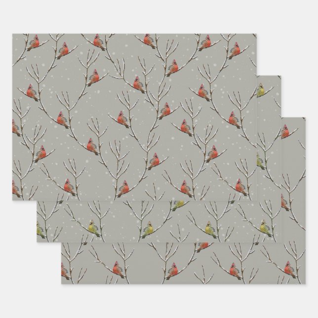 Red Cardinal Perched on a Tree Branch Wrapping Pap Paper Sheet (Set)