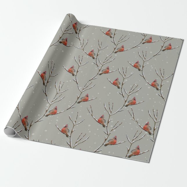 Red Cardinal Perched on a Tree Branch Wrapping Pap Wrapping Paper (Unrolled)