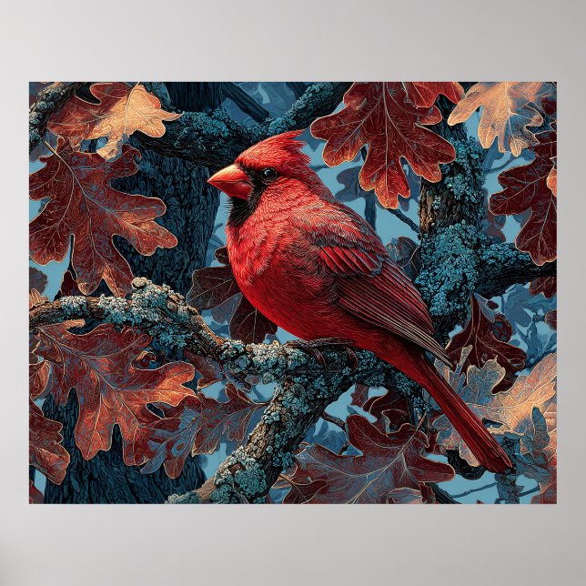 Red Cardinal Perched on Branch Poster (Front)