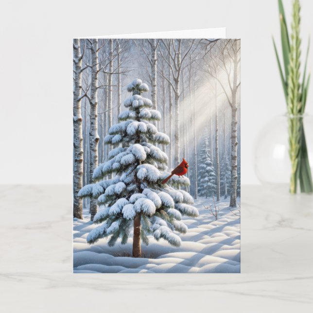 Red Cardinal Perched On Snowy Pine Tree Card (Front)