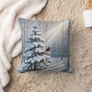 Red Cardinal Perched On Snowy Pine Tree Cushion