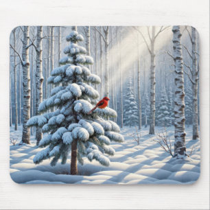 Red Cardinal Perched On Snowy Pine Tree Mouse Pad