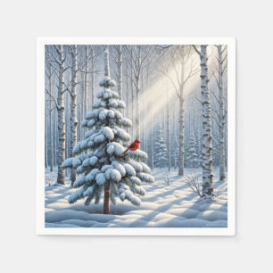 Red Cardinal Perched On Snowy Pine Tree Napkin