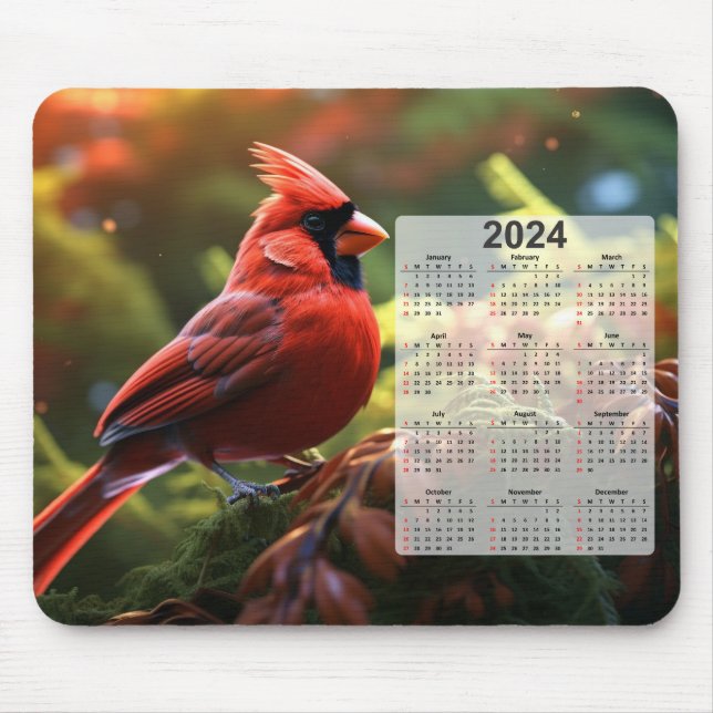 Red Cardinal Perched on Tree Branch 2024 Calendar Mouse Pad (Front)