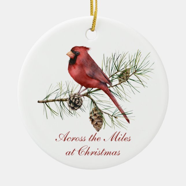 Red Cardinal Pine Cones Across The Miles Christmas Ceramic Ornament (Front)