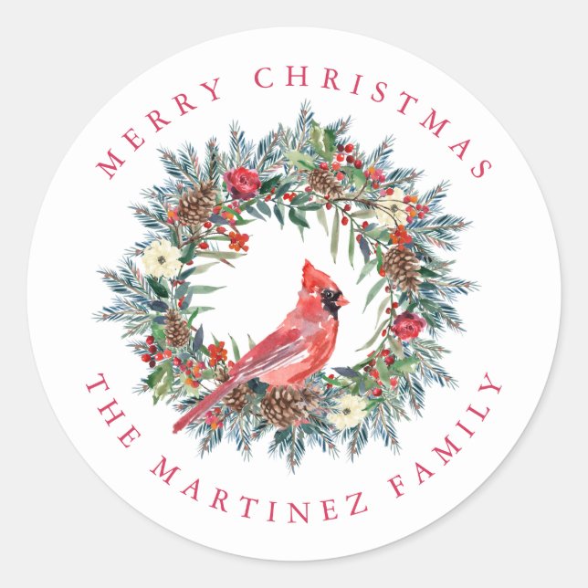 Red Cardinal Pine Wreath Merry Christmas Classic Round Sticker (Front)