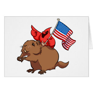 Red Cardinal Riding a Groundhog with American Flag