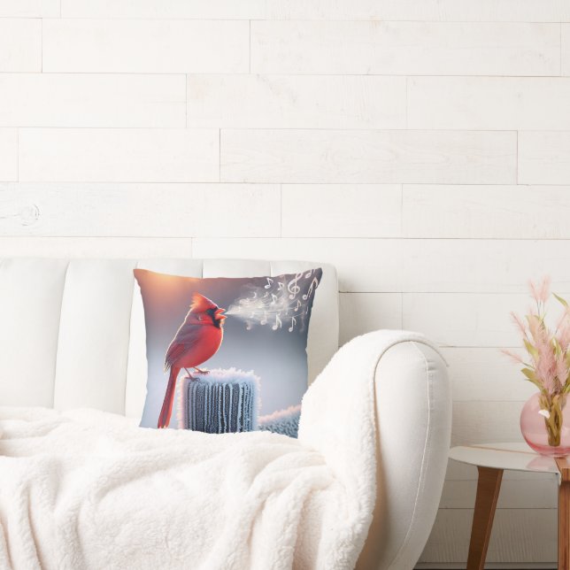 Red Cardinal Singing On Winter Fence Post Cushion (Couch)