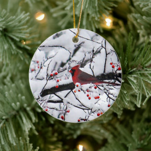 Red Cardinal Snow Tree Photo Ceramic Ornament