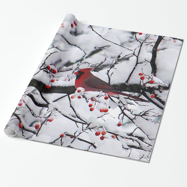 Red Cardinal Snow Tree Photo Wrapping Paper (Unrolled)