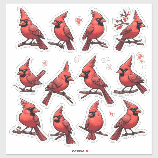 Red Cardinal Sticker Set – Cute Songbird Decor (Sheet)