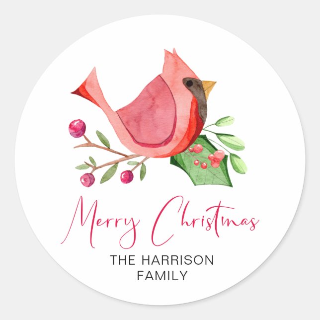 Red Cardinal Watercolor Custom Merry Christmas Classic Round Sticker (Front)