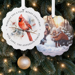 Red cardinal watercolor custom photo tree decoration card