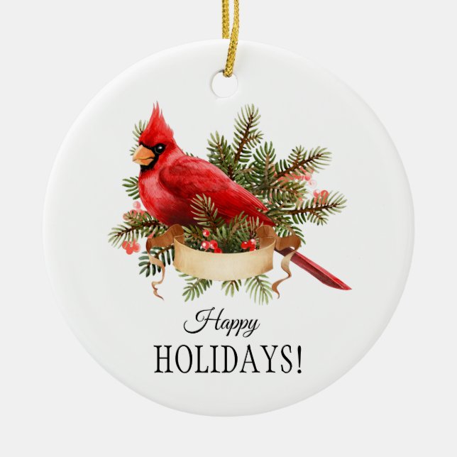 Red Cardinal Watercolor Illustration Ceramic Ornament (Front)
