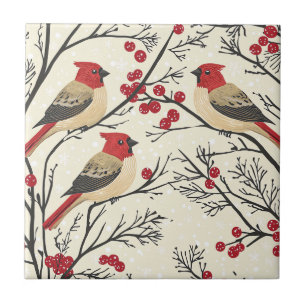 Red Cardinal Winter Berry Christmas Pattern Ceramic Tile