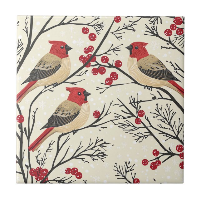 Red Cardinal Winter Berry Christmas Pattern Ceramic Tile (Front)