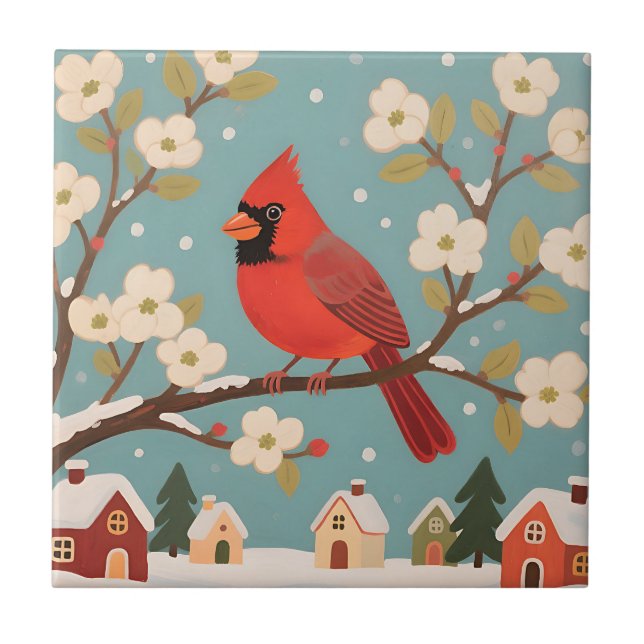 Red Cardinal Winter Branch Ceramic Tile (Front)