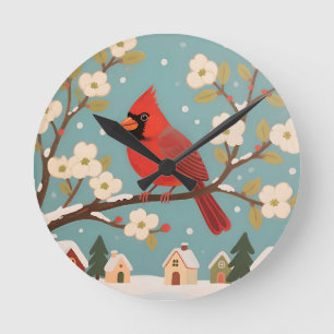 Red Cardinal Winter Branch Round Clock