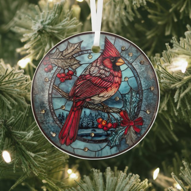 Red Cardinal Winter Scene  Glass Tree Decoration (Insitu)
