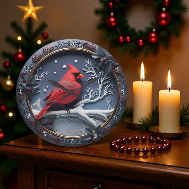 Red Cardinal Winter Snow Large Clock (Creator Uploaded)