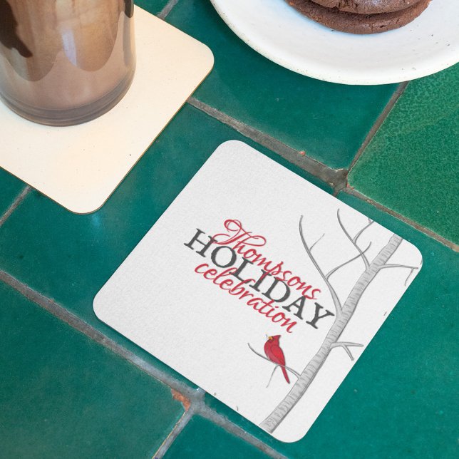 Red Cardinal Winter Woodland Tree Custom Holiday Square Paper Coaster (Holiday winter red cardinal birch tree holiday paper party coaster.)
