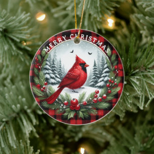 Red Cardinal with Holly Berries Ceramic Ornament
