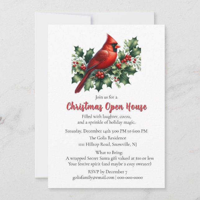 Red Cardinal with Holly Christmas  Open House  Invitation (Front)