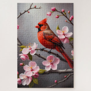 Red Cardinal with Pink Blossoms Bird  Jigsaw Puzzle